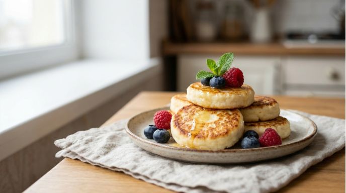 bowleen bord met pannekoekjes gemaakt met cottage cheese en gegarneerd met aardbeien en blauwe bessen