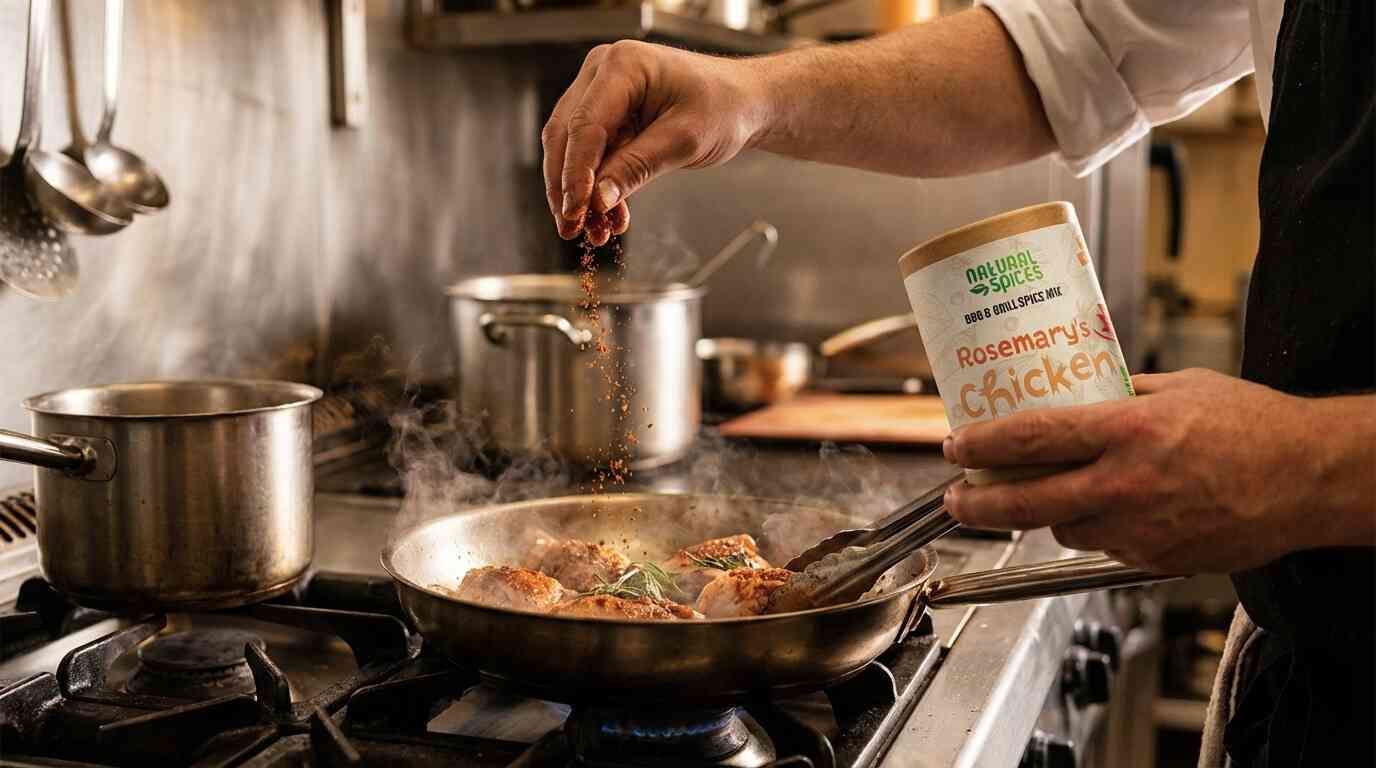 kok die rosary's chicken kip kruiden over kip in een pan sprinkelt