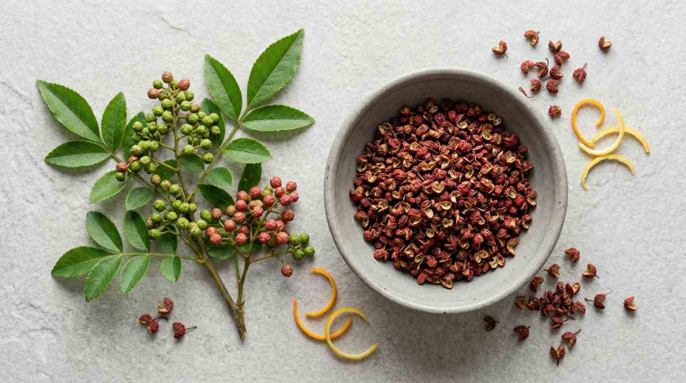 resh and dried Szechuan peppercorns side by side, fresh green and reddish Szechuan pepper clusters on small branches with leaves