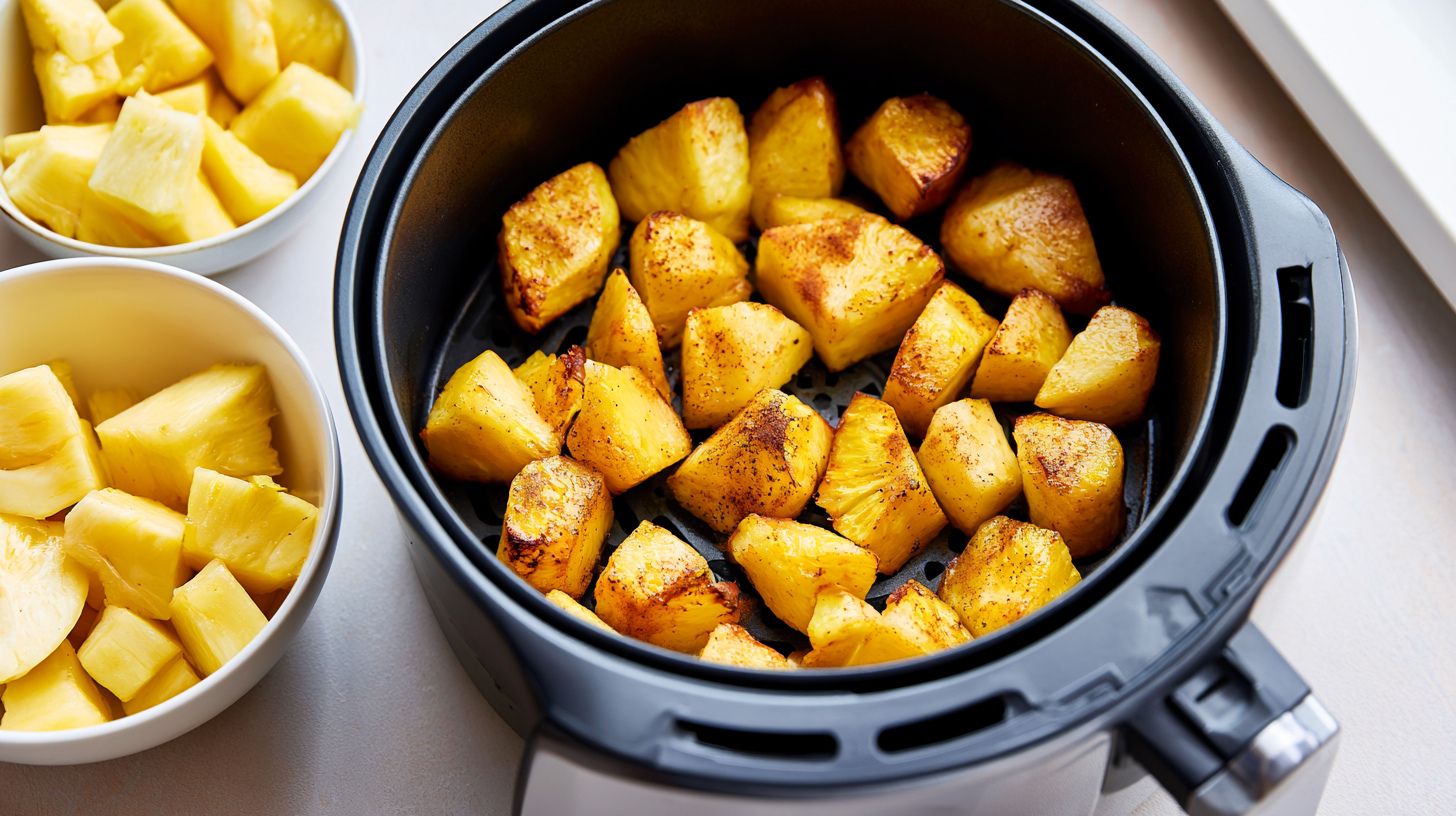 airfryer basket filled with roasted pineapples dusted with cinnamon