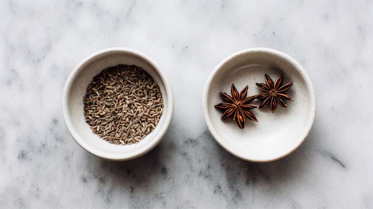 2 schaaltje op een licht grijze achtergrond. een schaaltje gevuld met anijszaad en de andere met steranijs