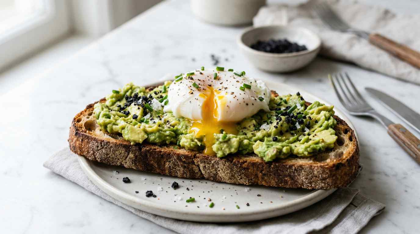 vocado on rustic sourdough toast with chunky smashed avocado and a poached egg bursting with golden yolk, black lava salt crystals on top,