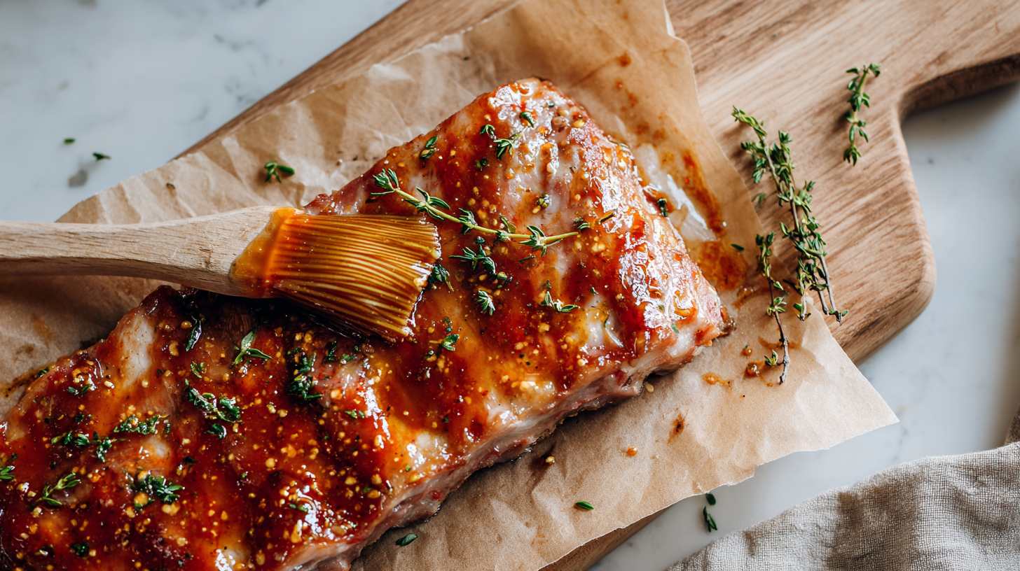 Ribs ingesmeerd met marinade en verse kruiden op bakpapier, close-up food fotografie met glanzende saus en kwast