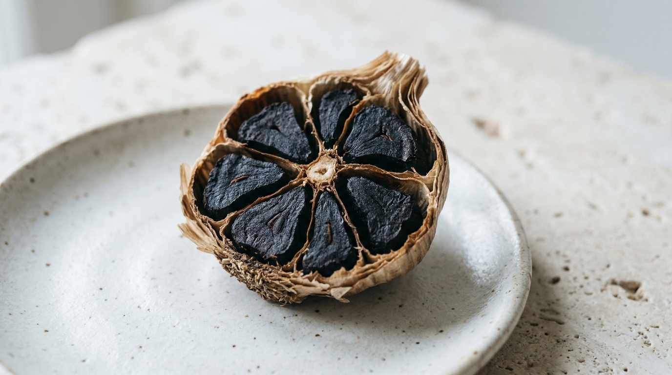 halve zwarte knoflook op een wit bordje