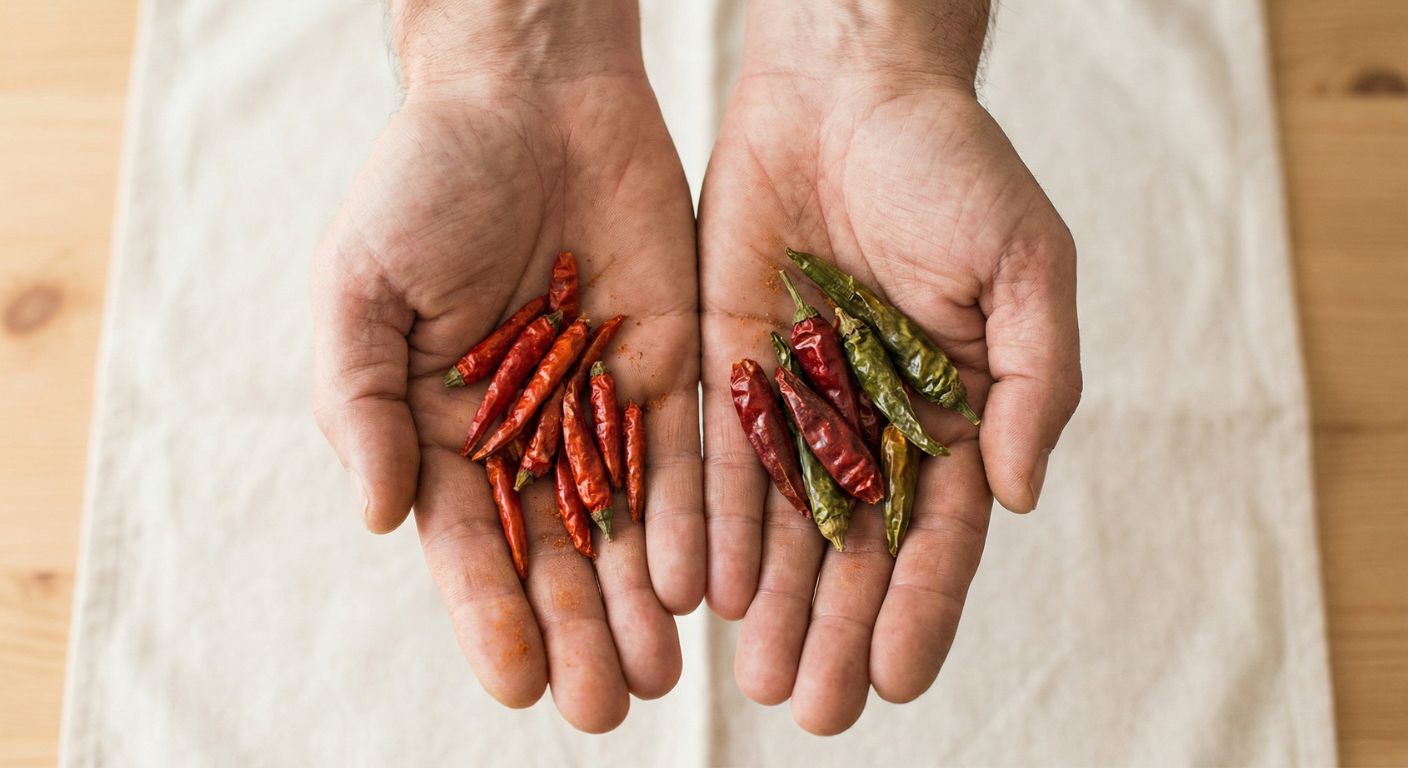 2 handen, op de ene hand liggen cayenne pepers, op de andere gedroogde chillipepers