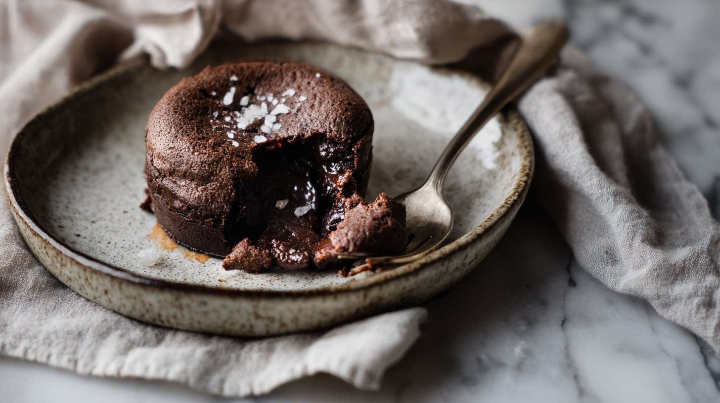 een chocolade souffle met een sprinkle fleur de sel op een mooi vintage bord