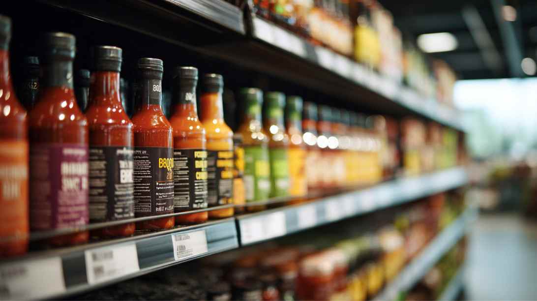 winkelschap met sausflessen