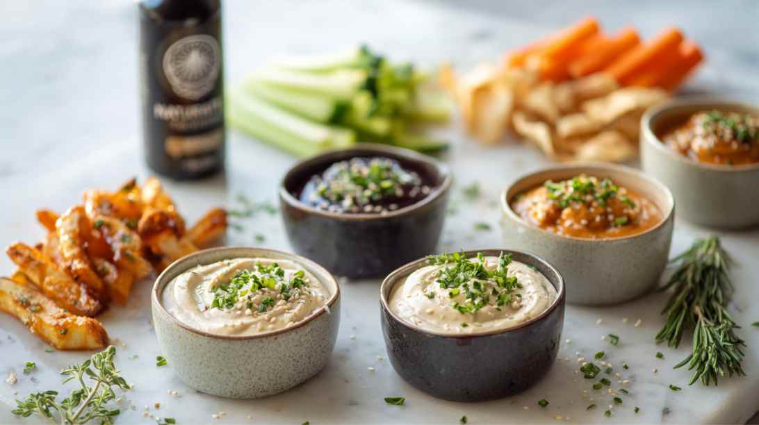 verschillende dipsauzen gegarneerd met verse kruiden en geserveerd in kleine schaaltje met verse groenten en sweet potato fries