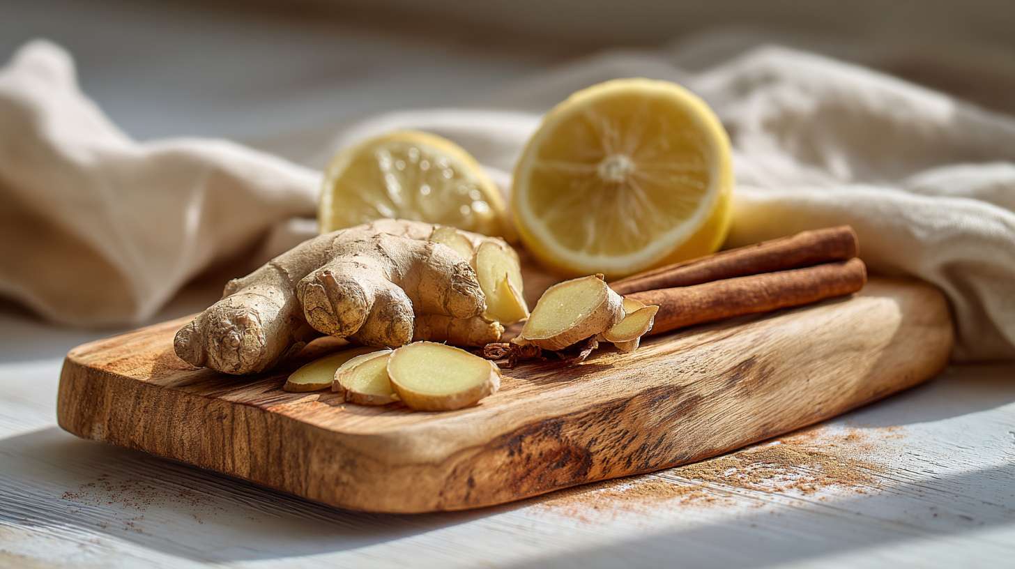 An olive wood chopping board with a fresh ginger root, a few sliced ginger coins, a halved lemon and a cinnamon stick arranged naturally. 