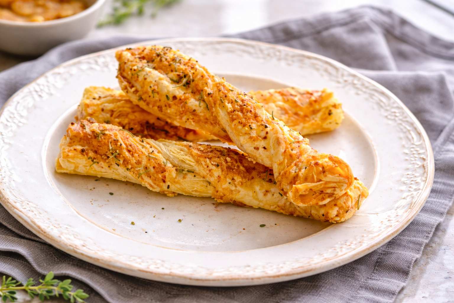 Golden, crispy cheese straws made from twisted puff pastry, stacked on a vintage white plate with a grey linen napkin underneath, lightly sprinkled with herbs in soft natural light.