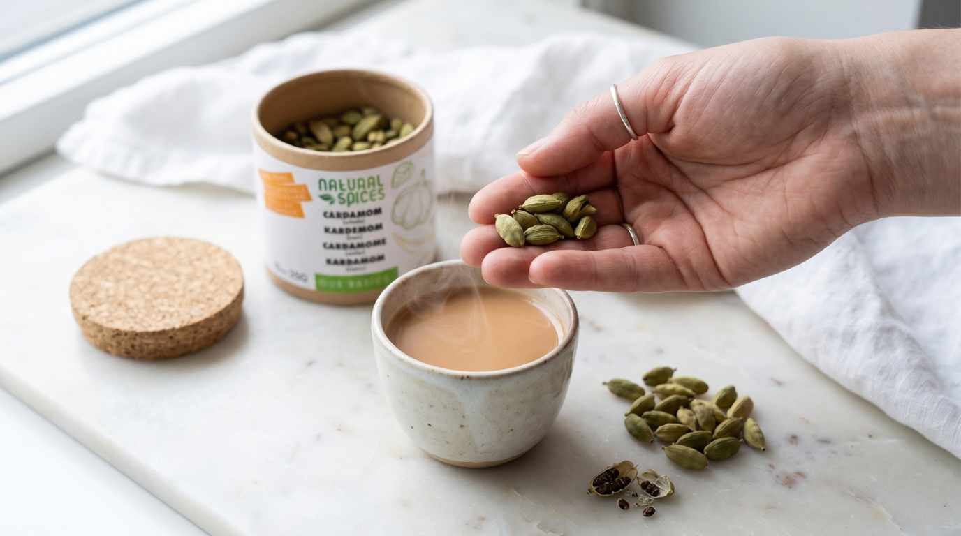 Hand holding green cardamom pods above a steaming cup of chai on a light marble surface, with an open jar of cardamom and scattered pods nearby in soft natural daylight.