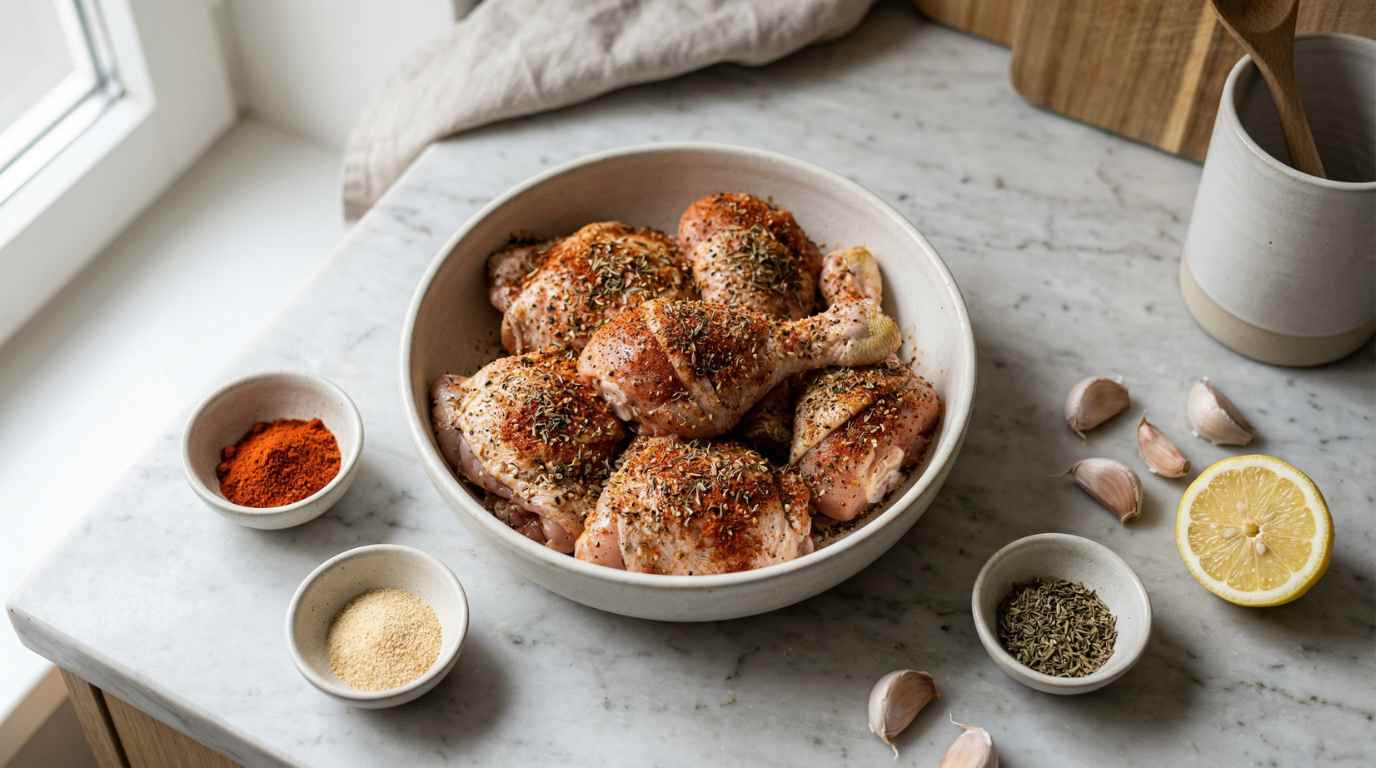 raw chicken pieces generously coated in homemade chicken seasoning, placed in a matte off-white ceramic bowl on a light grey marble surface. Visible texture of paprika, black pepper and dried herbs on the chicken. Small ceramic bowls with extra spices (pa