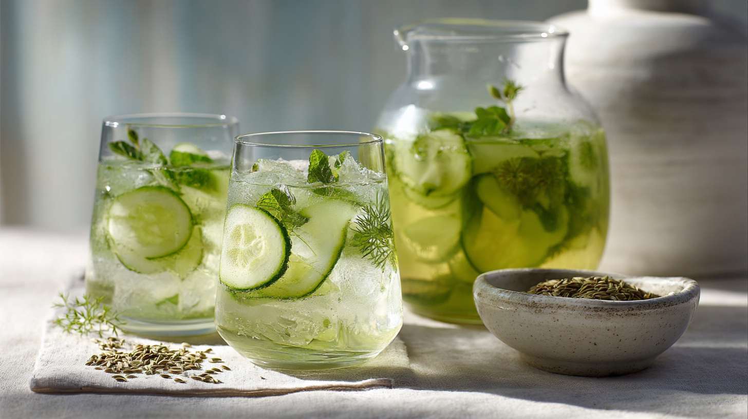 homemade cucumber, mint and fennel iced tea served in elegant clear glasses with ice cubes and condensation. Thin cucumber slices, fresh mint leaves and visible fennel seeds floating in the drink.