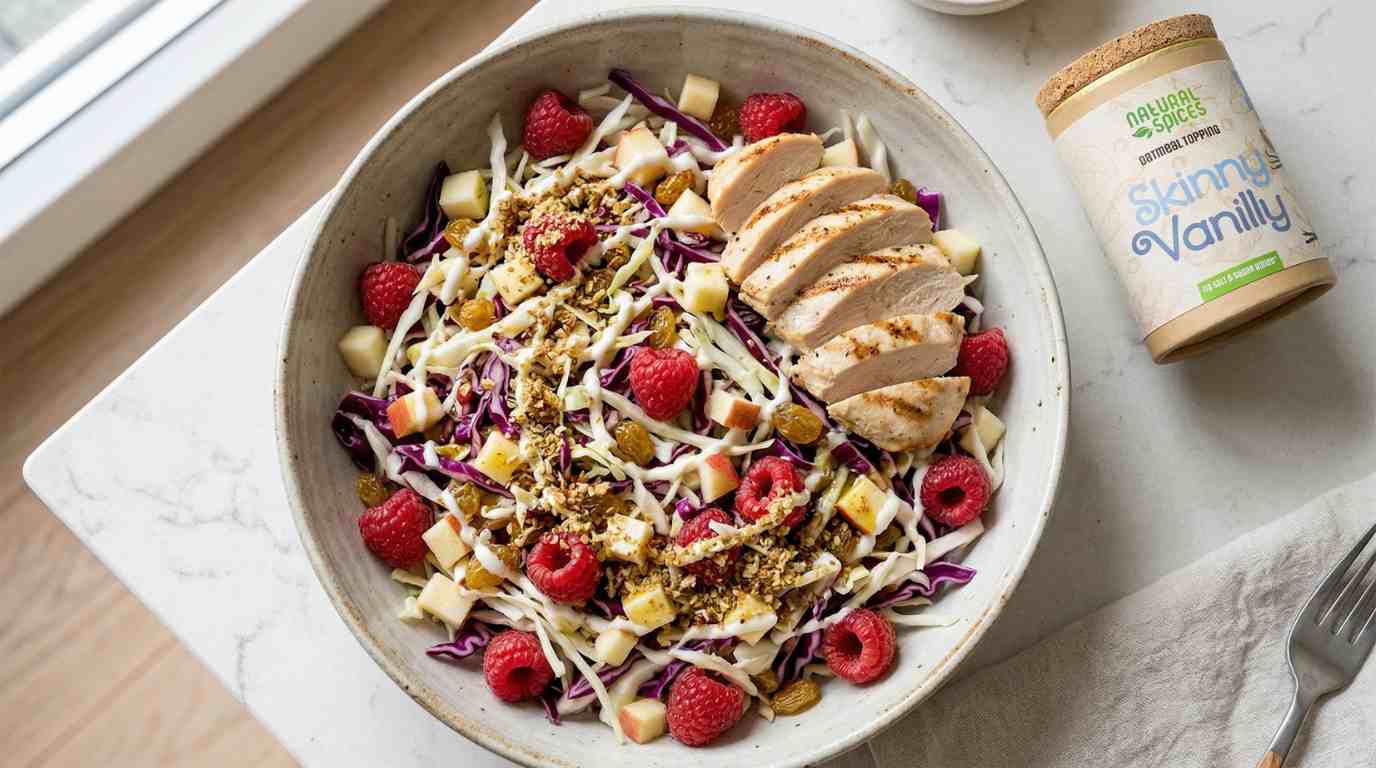 vibrant cabbage raspberry salad in a large ceramic bowl, thinly sliced white and red cabbage, fresh raspberries, small apple cubes, golden raisins