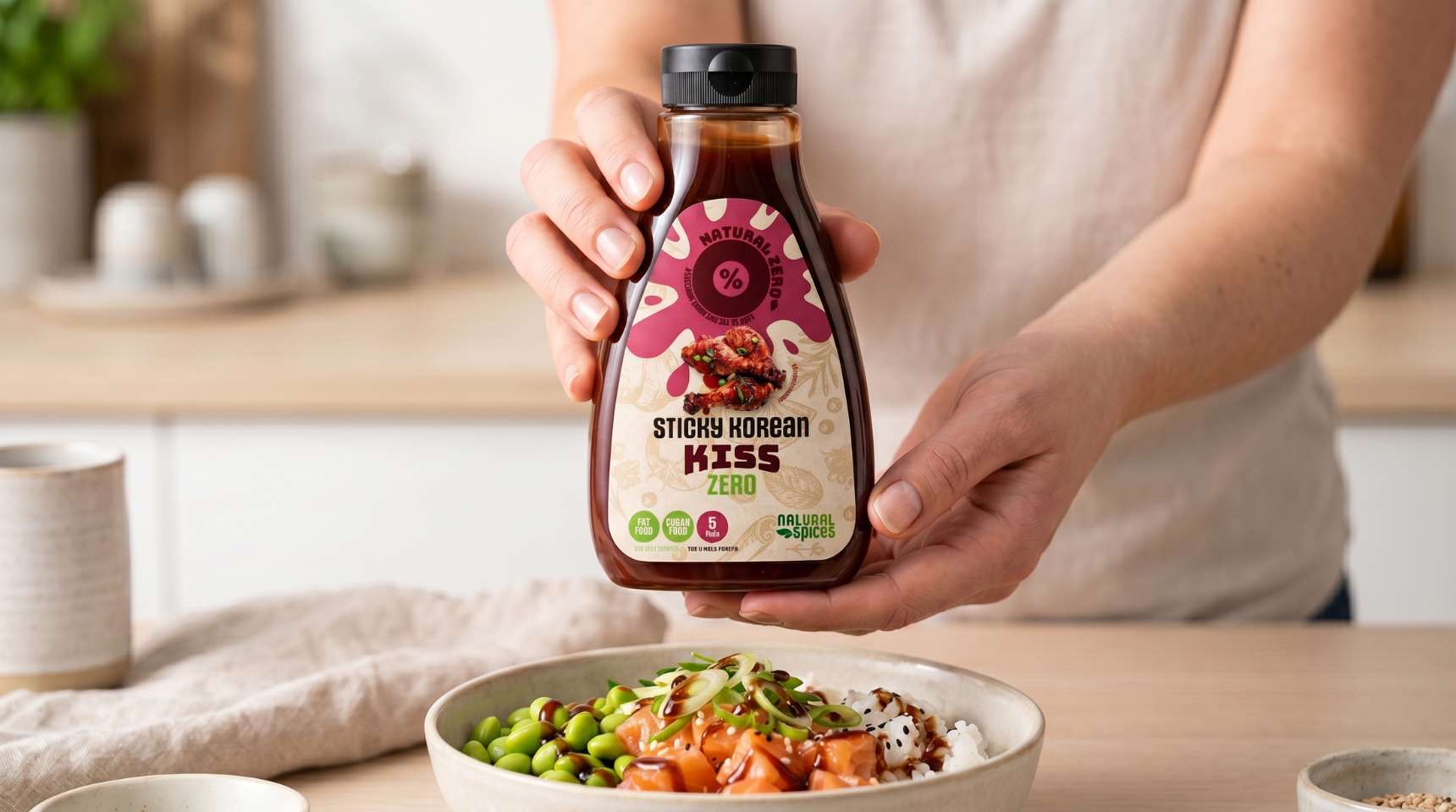 Close-up van iemand die een fles Natural Zero Sticky Korean Kiss saus boven een Aziatisch geïnspireerde rijstbowl houdt met zalm, edamame, lente-ui en sesamzaad op een lichte houten keukentafel.