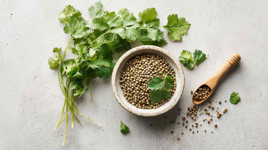 fresh coriander leaves (cilantro) on the left and whole coriander seeds on the right in a small ceramic bowl, placed on a light stone surface