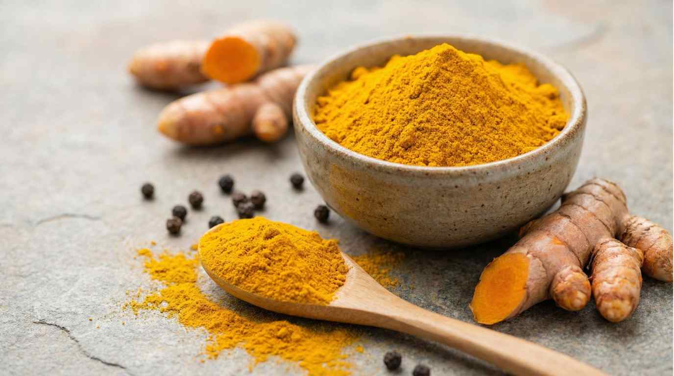 Modern culinary food photography of turmeric powder in a small ceramic bowl, fresh turmeric roots next to it, a wooden spoon with bright yellow powder spilling slightly, black peppercorns scattered subtly