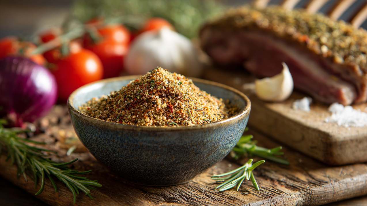 Close-up van een keramieken kommetje gevuld met zelfgemaakte kruidenmix voor lamsvlees op een rustieke houten plank, met op de achtergrond een gekruide lamsrack, verse rozemarijn, knoflook, tomaten en rode ui