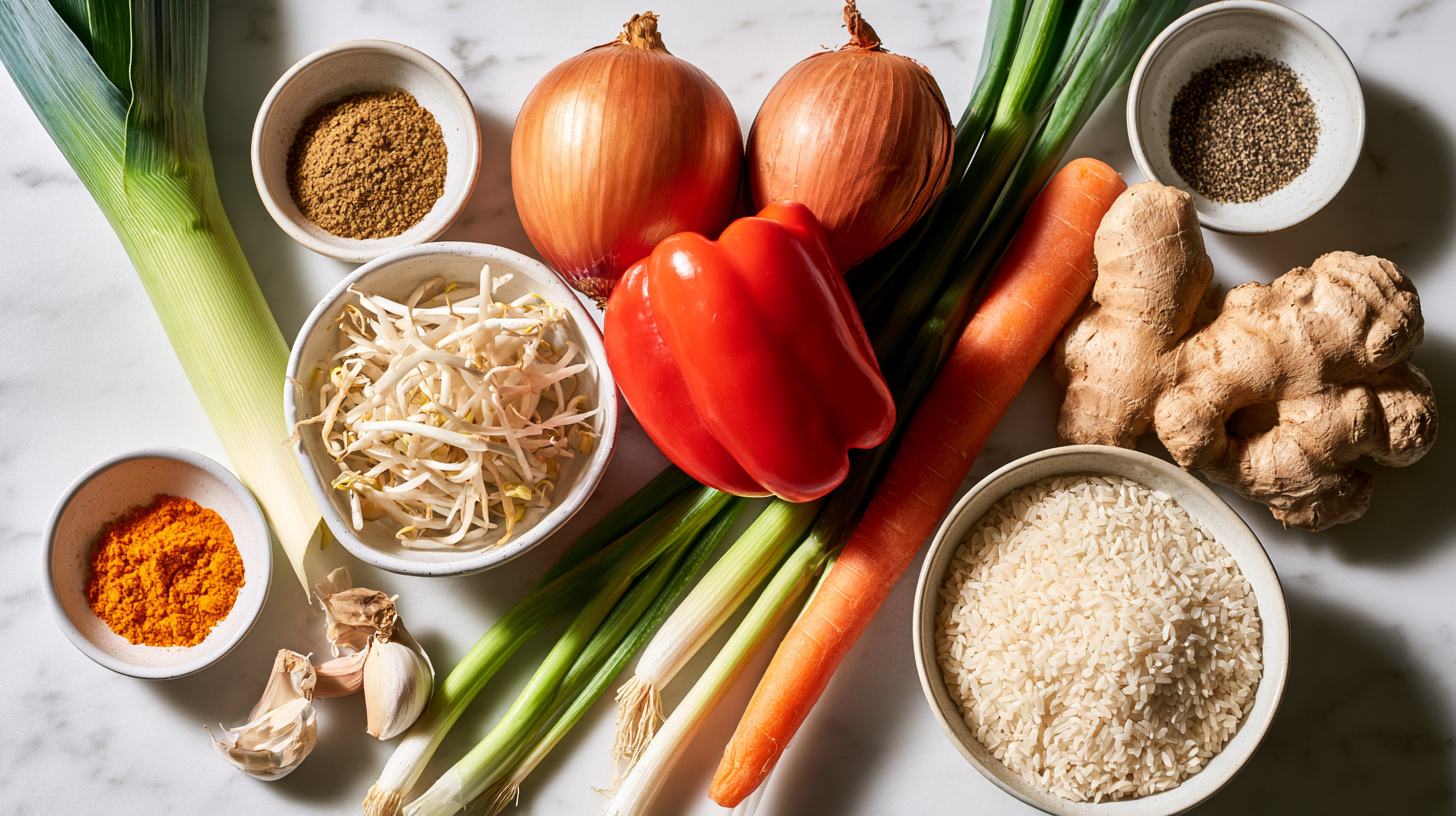 Verse nasi groenten en Aziatische kruiden, waaronder prei, ui, rode paprika, wortel, taugé, knoflook en gember, stijlvol gepresenteerd in een flat lay.