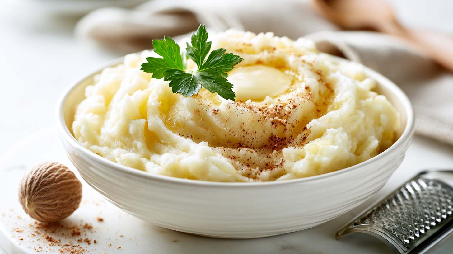 Romige aardappelpuree in een witte keramieken kom, afgewerkt met vers geraspte nootmuskaat, een klontje boter en een takje peterselie, met een hele nootmuskaat en rasp ernaast.