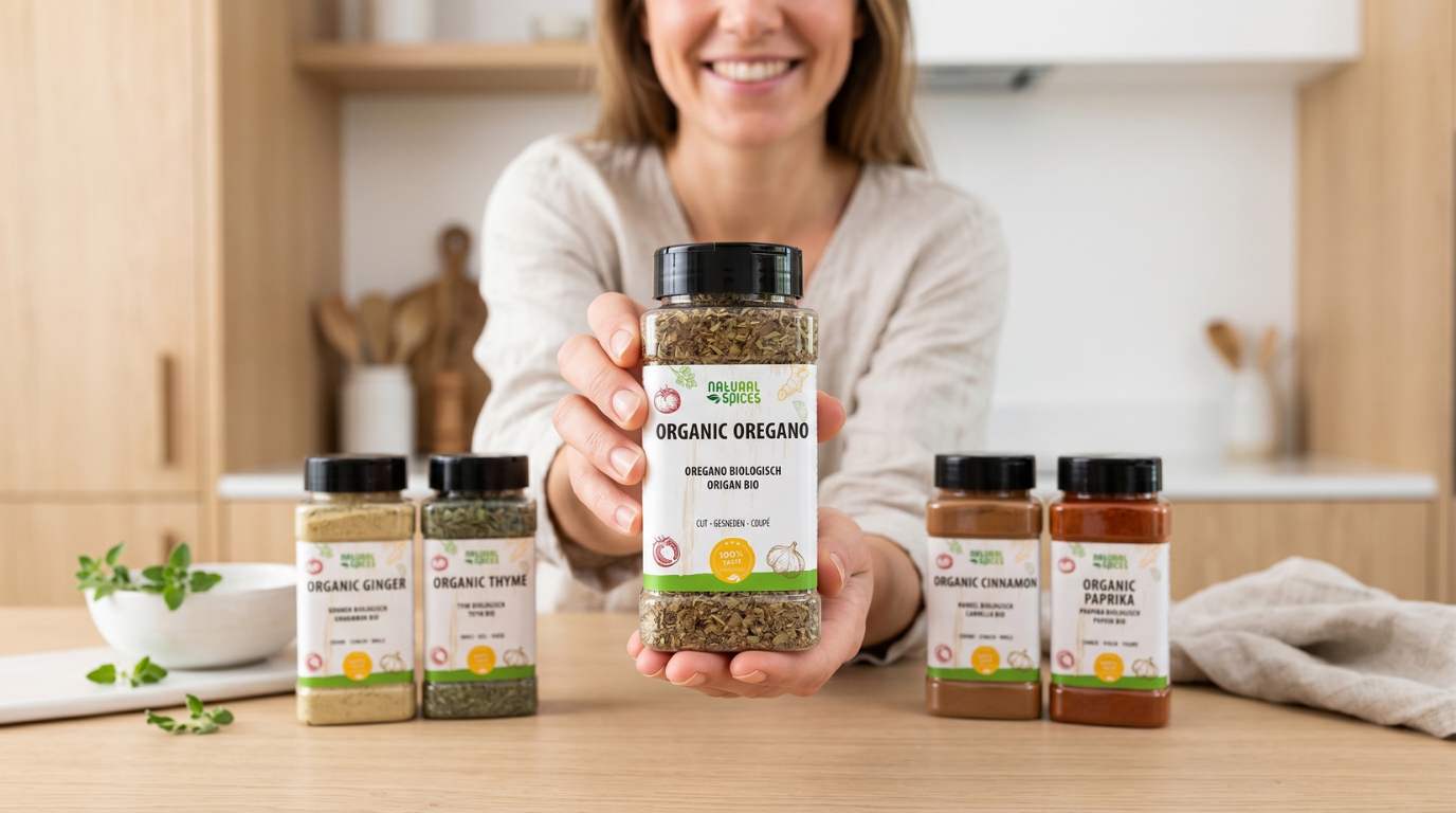 afbeelding van 5 verschillende biologische kruiden van Natural Spices: paprika, tijm, kaneel, oregano en gember