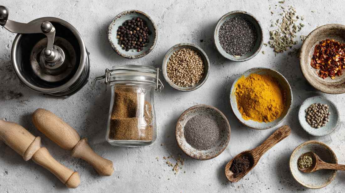 top view van verschillende kruiden om zelf kruidenmix te maken