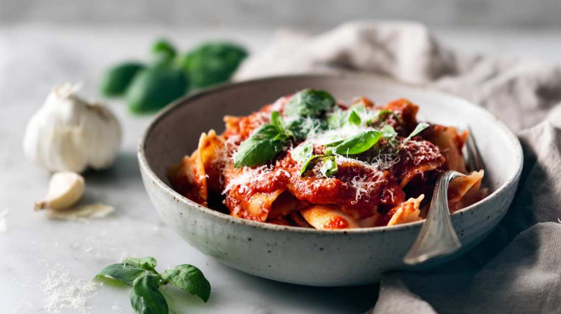 Vintage keramische schaal met pasta in rijke tomatensaus, gegarneerd met verse basilicum en geraspte kaas, op een licht marmeren oppervlak met knoflook en linnen doek ernaast, zacht natuurlijk licht