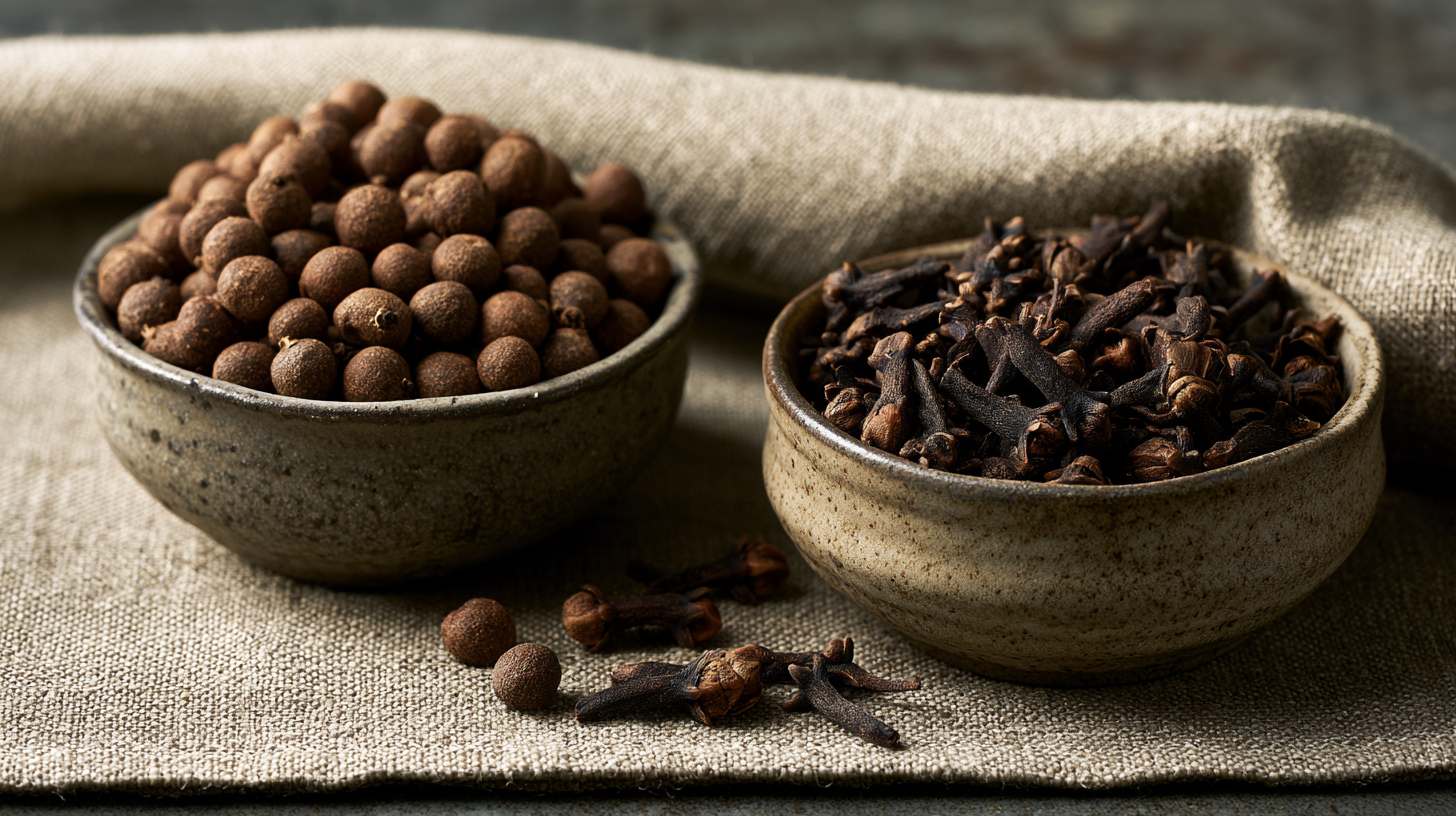 Two small handcrafted ceramic bowls placed next to each other: one filled with round brown allspice berries and the other with dark brown dried cloves.