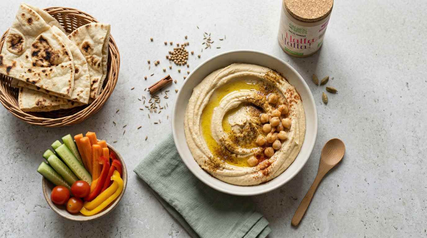 top view of a ceramic bowl filled with creamy ras el hanout hummus, sprinkled with warm Moroccan spice blend and a few whole chickpeas, subtle dusting of paprika. 