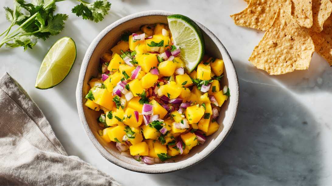 Frisse mango salsa met blokjes mango, rode ui, koriander en limoen in een aardewerk schaal, geserveerd met tortillachips op een lichte marmeren ondergrond.