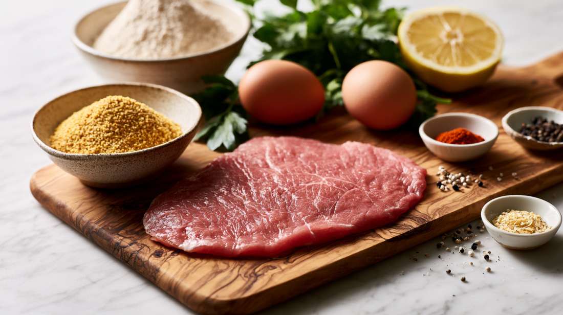 Ingredients for homemade schnitzel including a thin raw veal schnitzel, breadcrumbs, flour, eggs, lemon, parsley and seasonings on an olive wood cutting board.