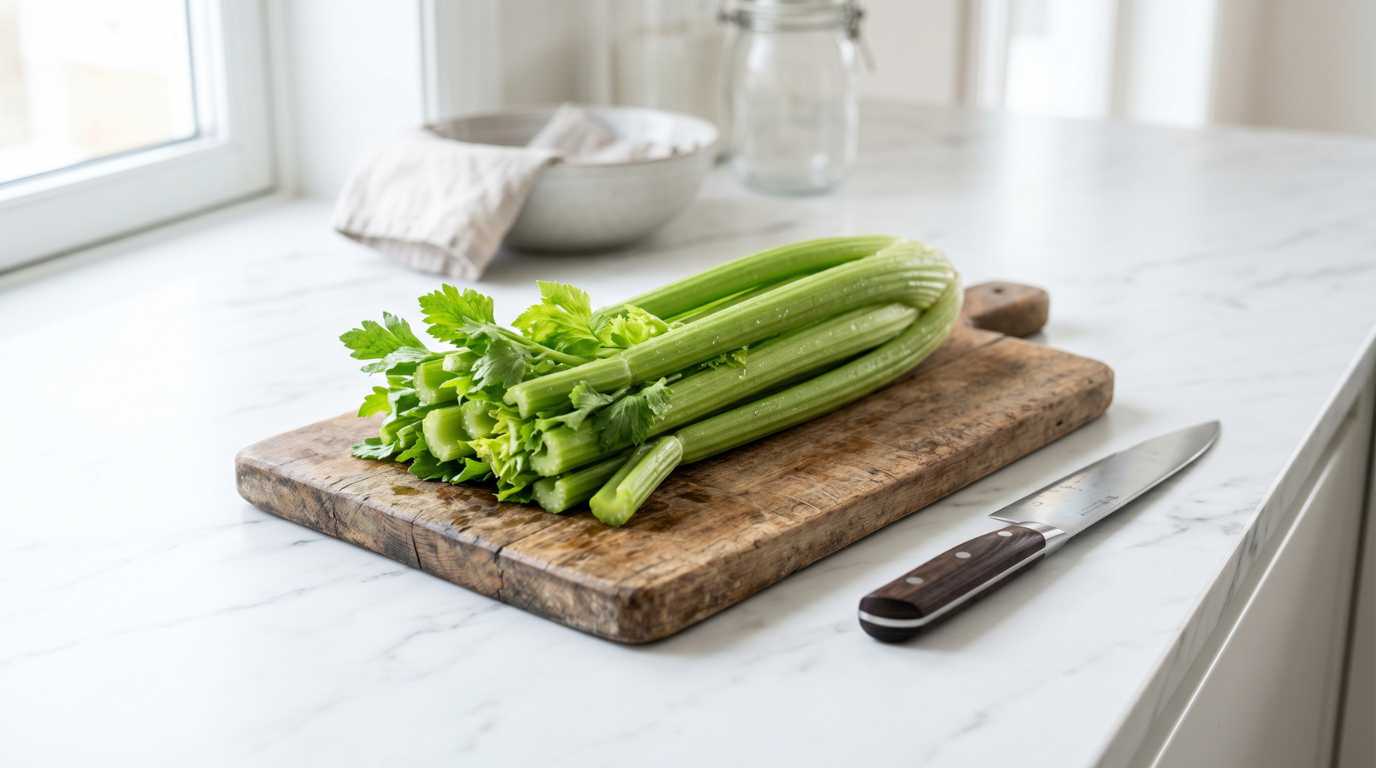 A fresh bunch of celery placed on a rustic wooden cutting board, with a sharp kitchen knife next to it, on a clean white marble kitchen countertop.