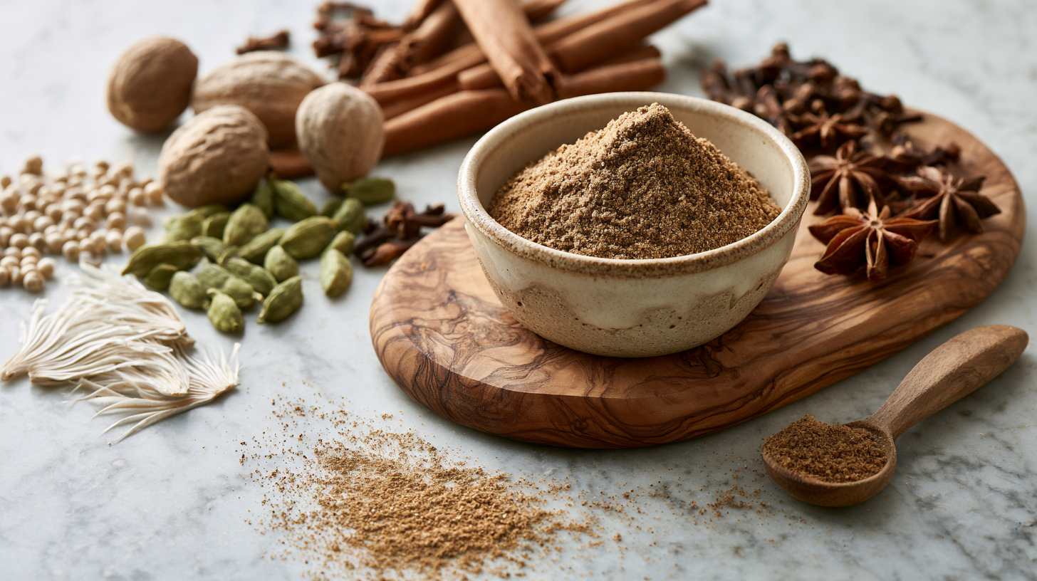 homemade speculaas spice blend in a small vintage ceramic bowl on a light grey marble surface. Around the bowl are neatly arranged whole spices including cinnamon sticks, nutmeg, cloves, green cardamom pods, star anise, coriander seeds and white pepper
