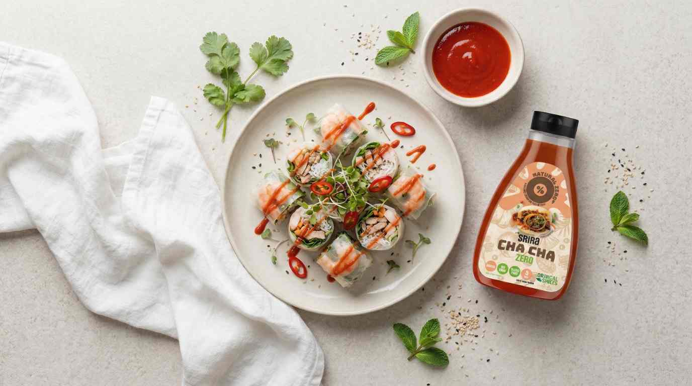 fresh Vietnamese style rice paper spring rolls on a pale ceramic plate, cut into bite sized pieces, topped with microgreens and thin slices of red chili and light drizzle of sriracha sauce, small ceramic dipping bowl filled with bright red sriracha sauce,