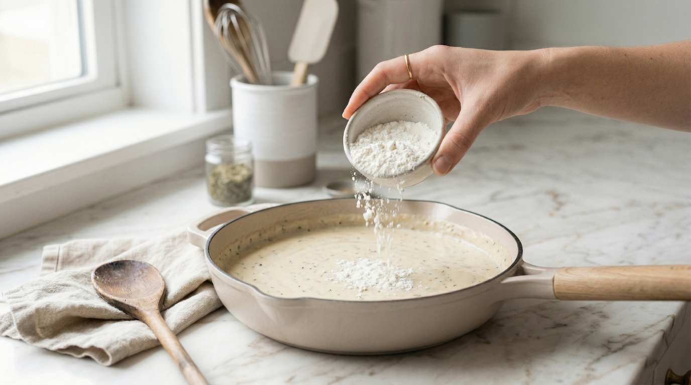 hand die een beetje tarwe zetmeel uitstrooit over een romige saus in een steelpan