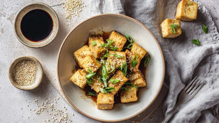 crispy golden tofu cubes in a matte off-white ceramic bowl on a cool pale stone surface. The tofu is lightly browned and slightly glossy, coated in a subtle soy-ginger glaze with visible sesame seeds and finely sliced spring onions on top.