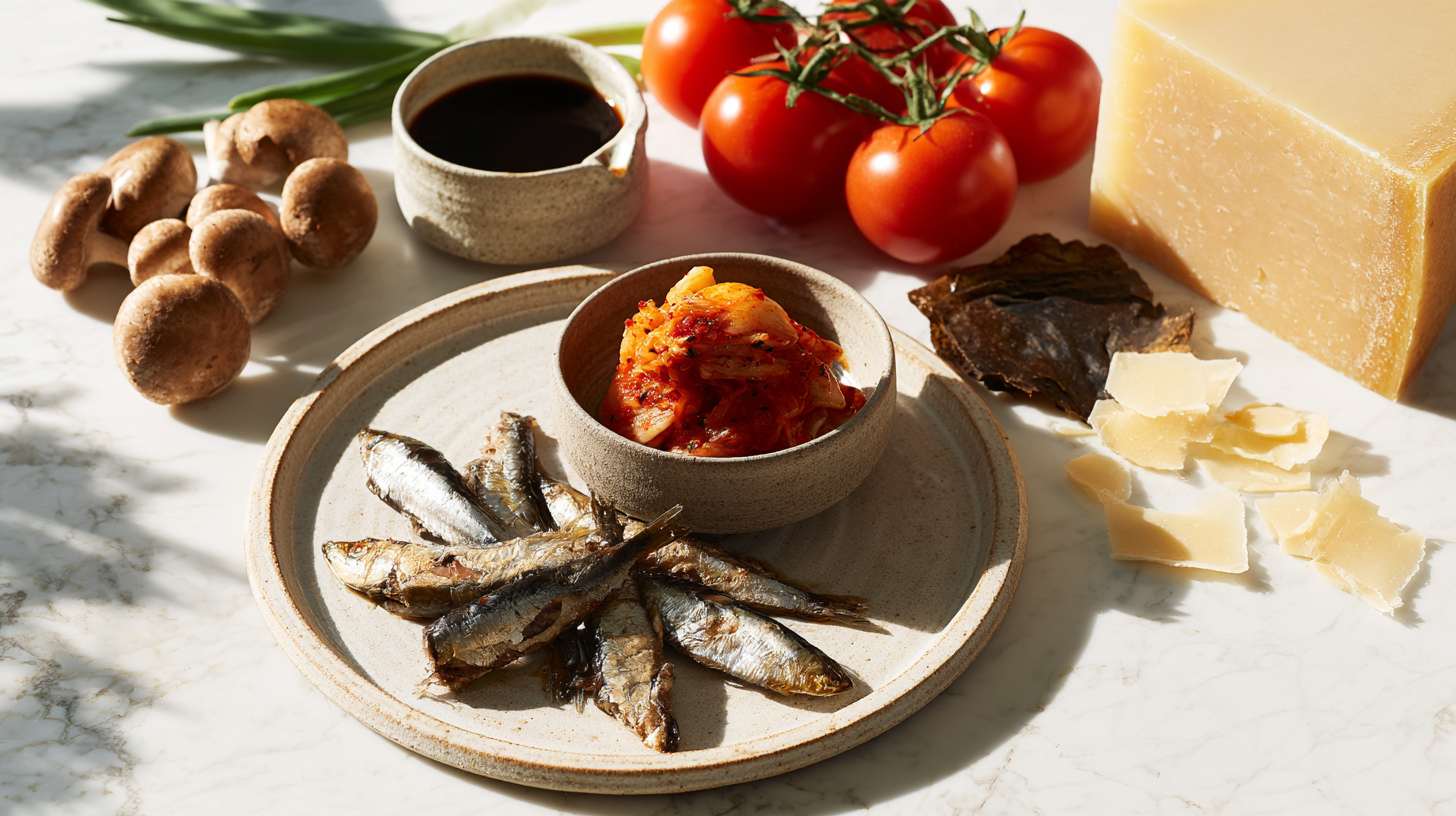 A selection of natural umami-rich ingredients including sardines, kimchi, soy sauce, shiitake mushrooms, ripe tomatoes, Parmesan cheese, and kombu seaweed arranged on a bright white countertop in a modern kitchen.