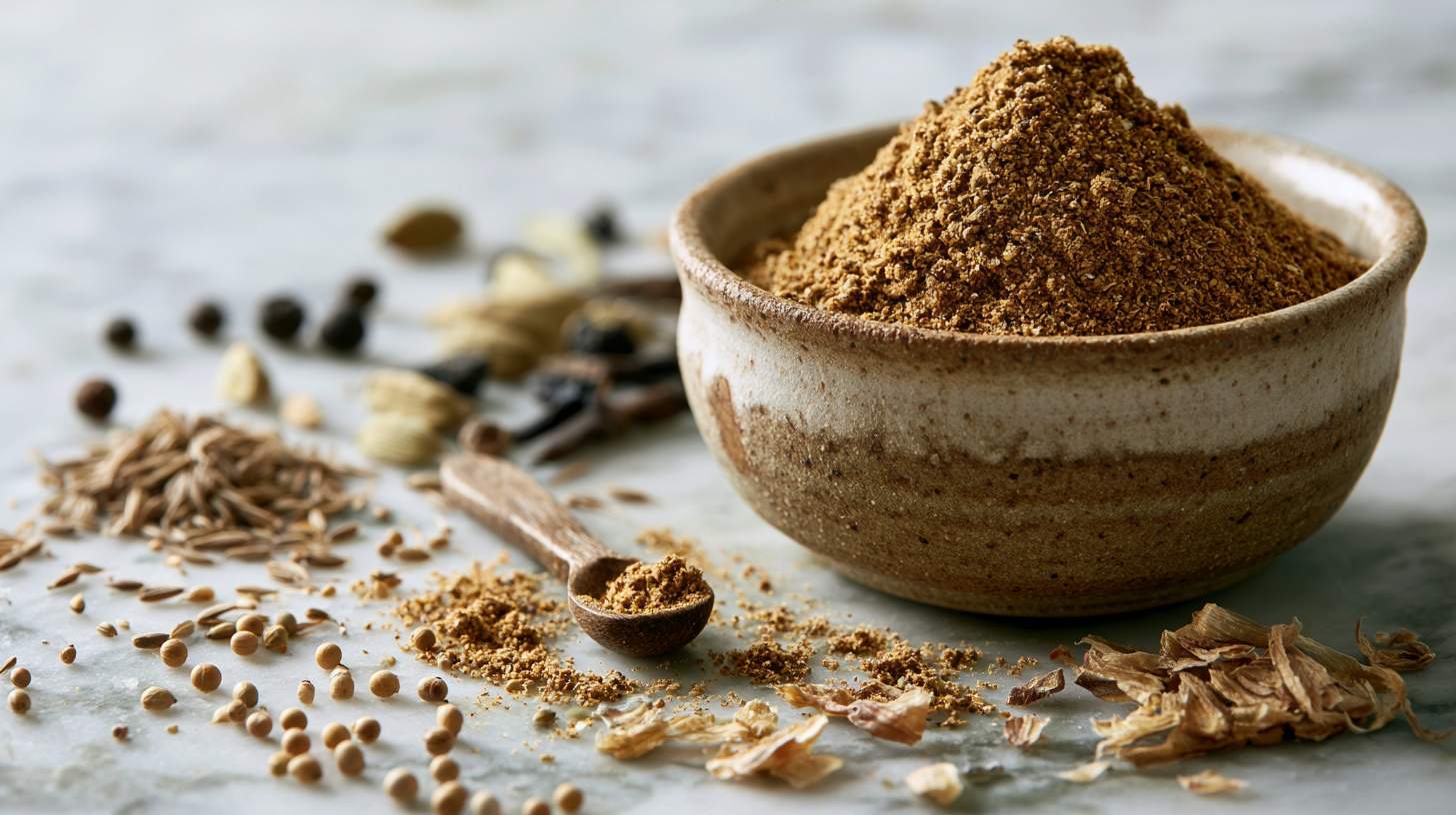 Close-up van een kom met gemalen vadouvan kruiden van Natural Spices op een lichte stenen ondergrond, omringd door hele specerijen zoals komijn, korianderzaad, kardemom en gedroogde ui.