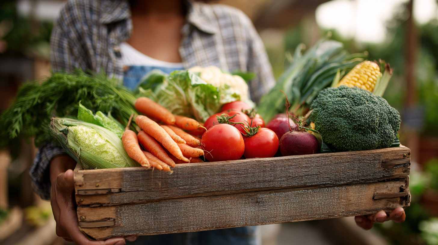 smiling woman holding a rustic wooden crate filled with fresh seasonal vegetables (carrots with greens attached, cauliflower, tomatoes, bell peppers, zucchini, leafy greens, crop salad, corn).