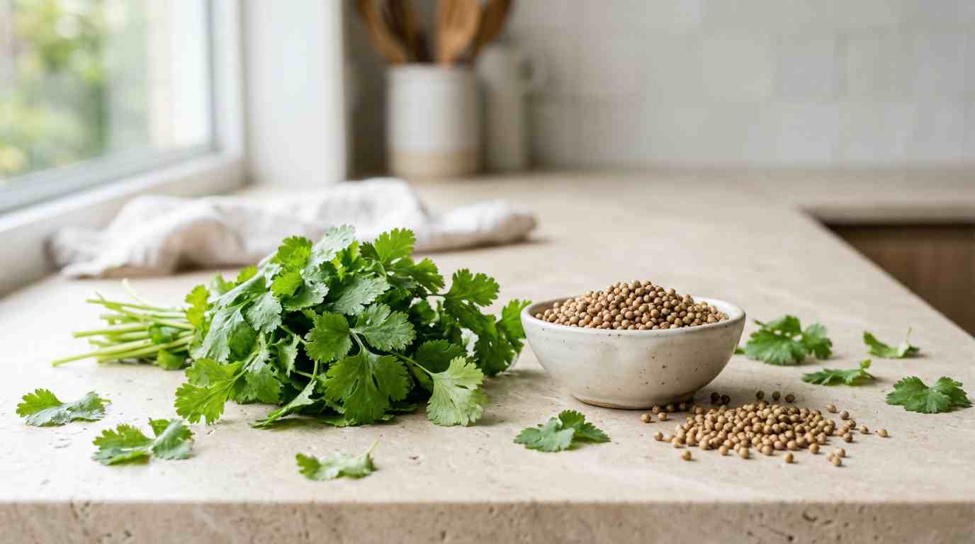 verse koriander naast een schaaltje met korianderzaad