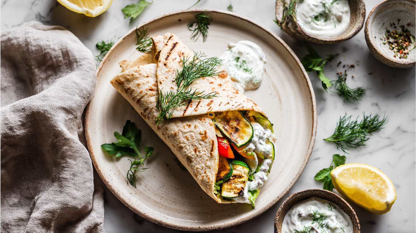 Volkoren wrap gevuld met gegrilde groenten (courgette, paprika), frisse yoghurtsaus en verse dille, geserveerd op een lichte keramische schaal met citroen en kruiden ernaast.