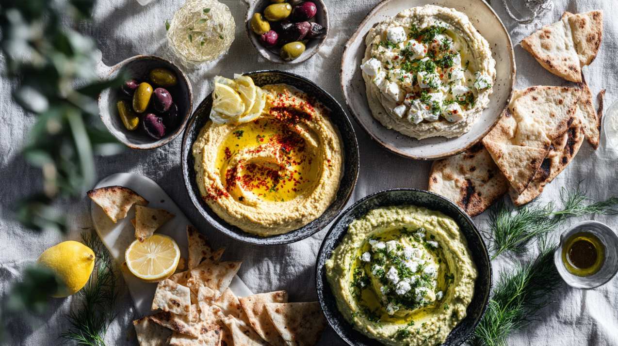 three homemade feta dips on a table. Included are a whipped feta dip with honey and chili flakes, a roasted paprika feta dip, and an avocado feta dip in textured ceramic bowls.
