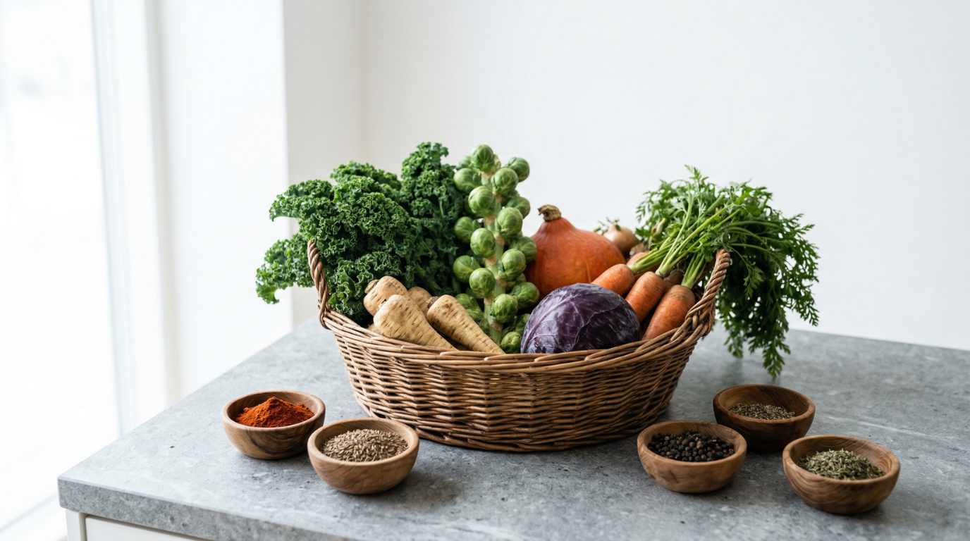 een mand gevuld met wintergroenten zoals spruitjes, boerenkool, wortels, rode kool, pompoen en knolselderij