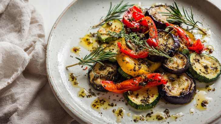 roasted veg such as aubergine, courgette and paprika, lightly marinated with za'atar mixed with a bit of olive oil on a beautiful arranged on a ceramic platter,