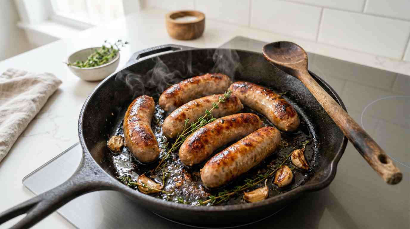 Pan with freshly baked bratwurst sausages, golden brown, sizzling in a cast iron skillet, a few fresh thyme sprigs 