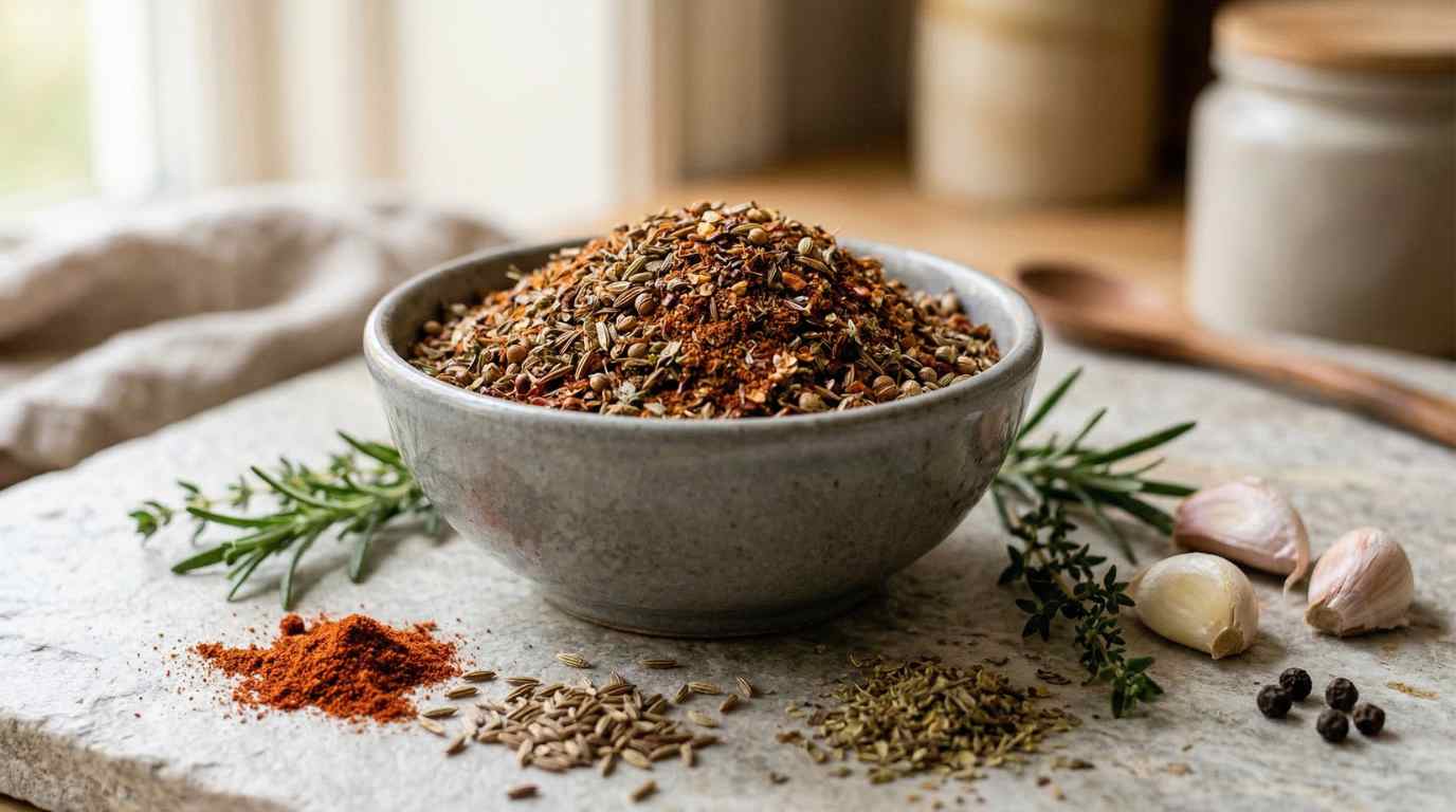 ceramic bowl filled with a rich, textured spice blend (reddish-brown tones with visible herbs and seeds), placed on a grey surface, surrounded by scattered spices like paprika powder, cumin seeds, dried oregano, garlic cloves
