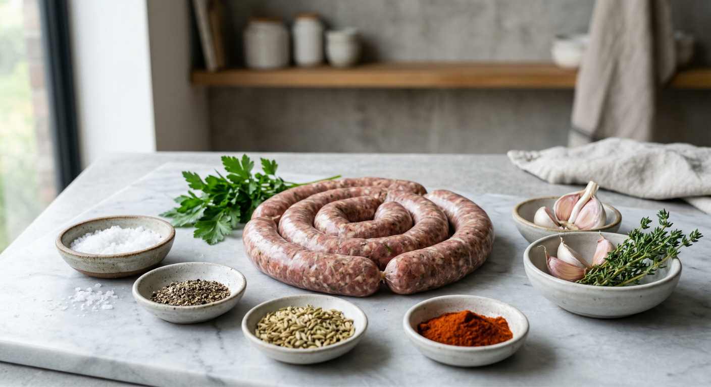 fresh raw sausages coiled naturally on a light grey marble surface, surrounded by small ceramic bowls with coarse salt, cracked black pepper, fennel seeds, paprika powder and fresh parsley. A few sprigs of thyme and garlic cloves scattered casually