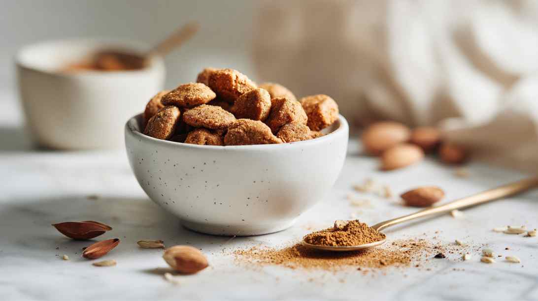 zelfgemaakte kruidnoten in een wit schaaltje met een lepel met speculaaskruiden ernaast