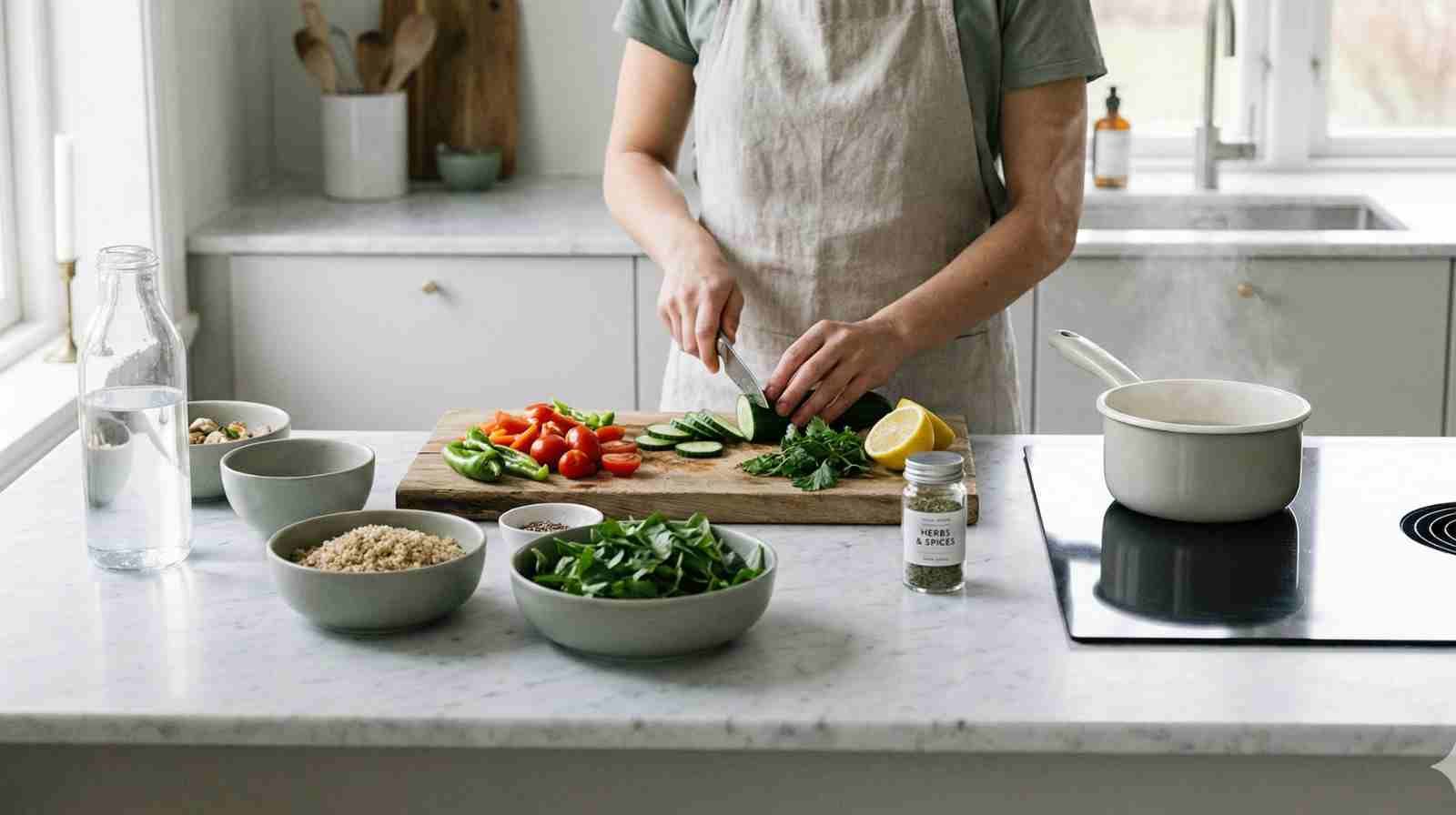 Persoon die verse groenten snijdt in een lichte, moderne keuken. Op het aanrecht staan kommen met quinoa en bladgroenten, een fles water, kruidenpotje en een stomende pan op het fornuis. De scène straalt een gezonde, caloriearme kookstijl uit.